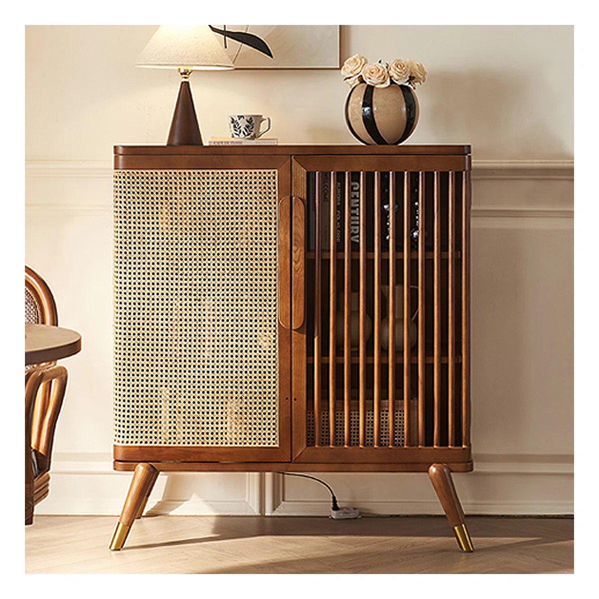 Modern Wabi-Sabi Rattan Cabinet – Solid Wood Storage Cabinet with Shelves and Rattan Doors Ouch Cart