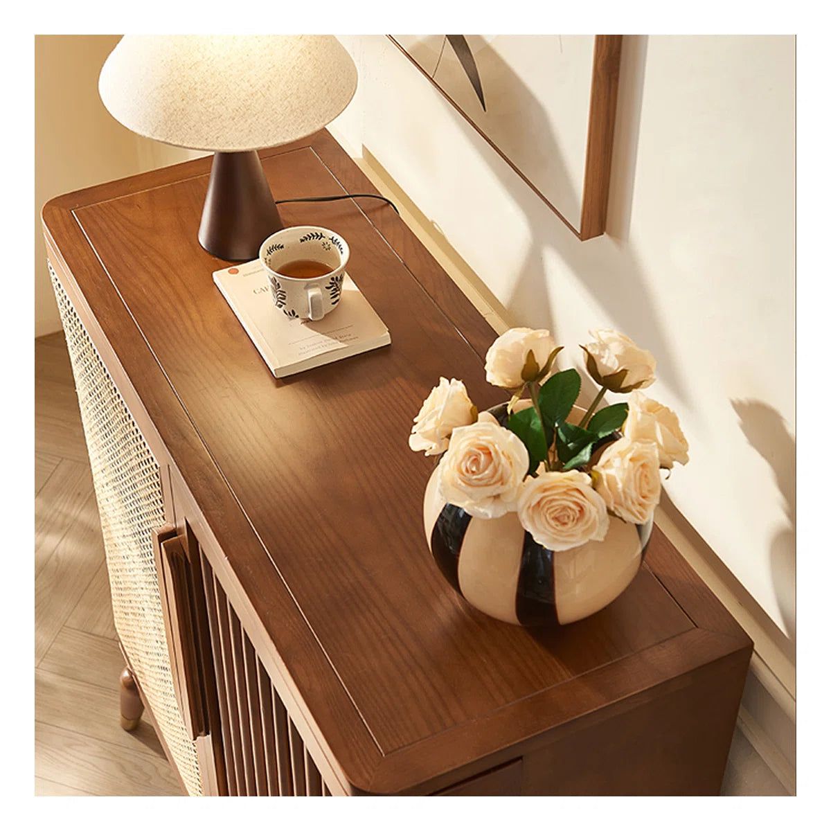 Modern Wabi-Sabi Rattan Cabinet – Solid Wood Storage Cabinet with Shelves and Rattan Doors Ouch Cart