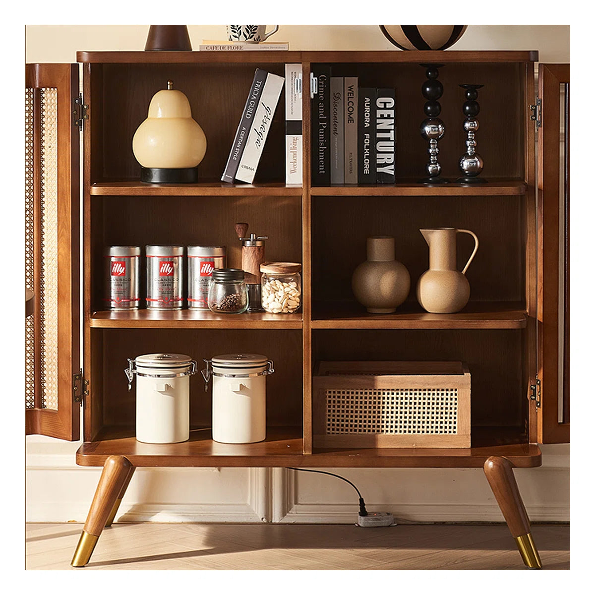 Modern Wabi-Sabi Rattan Cabinet – Solid Wood Storage Cabinet with Shelves and Rattan Doors Ouch Cart