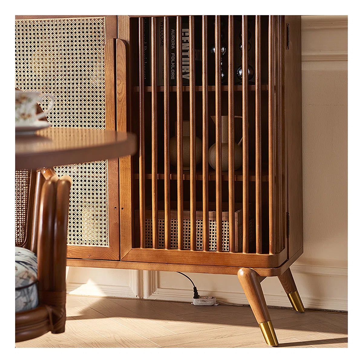 Modern Wabi-Sabi Rattan Cabinet – Solid Wood Storage Cabinet with Shelves and Rattan Doors Ouch Cart