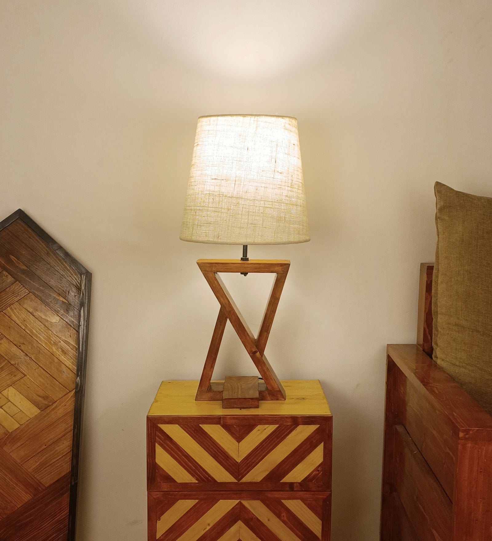 Chloe Brown Wooden Table Lamp with White Jute Lampshade (BULB NOT INCLUDED)