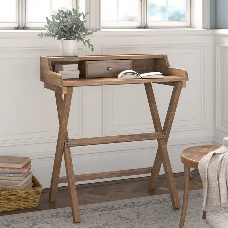 Solid Wood 28" Folding Desk with Storage and Drawer ouch cart