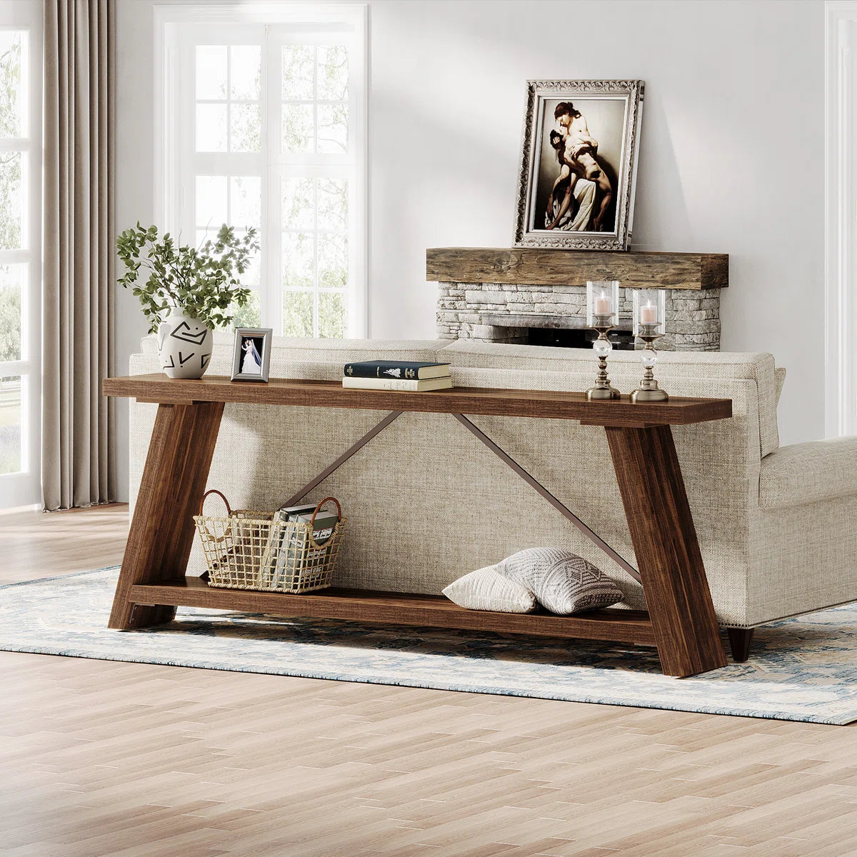 Rustic Brown Console Table – Traditional Wooden Entryway Sofa Table with Shelf Storage OUCH CART