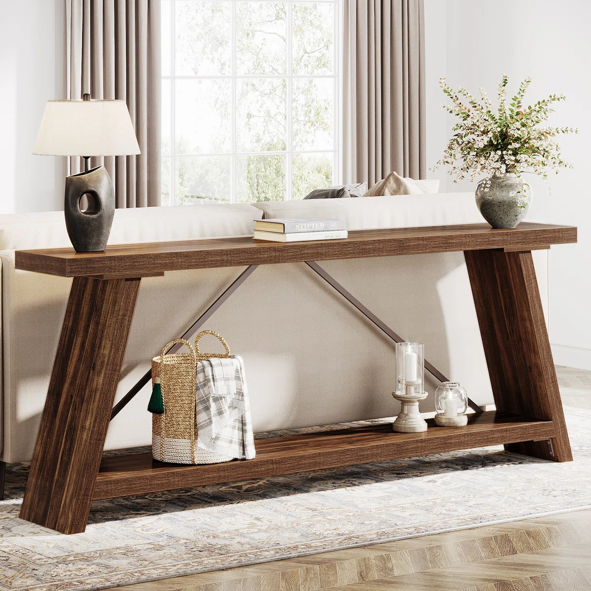 Rustic Brown Console Table – Traditional Wooden Entryway Sofa Table with Shelf Storage OUCH CART