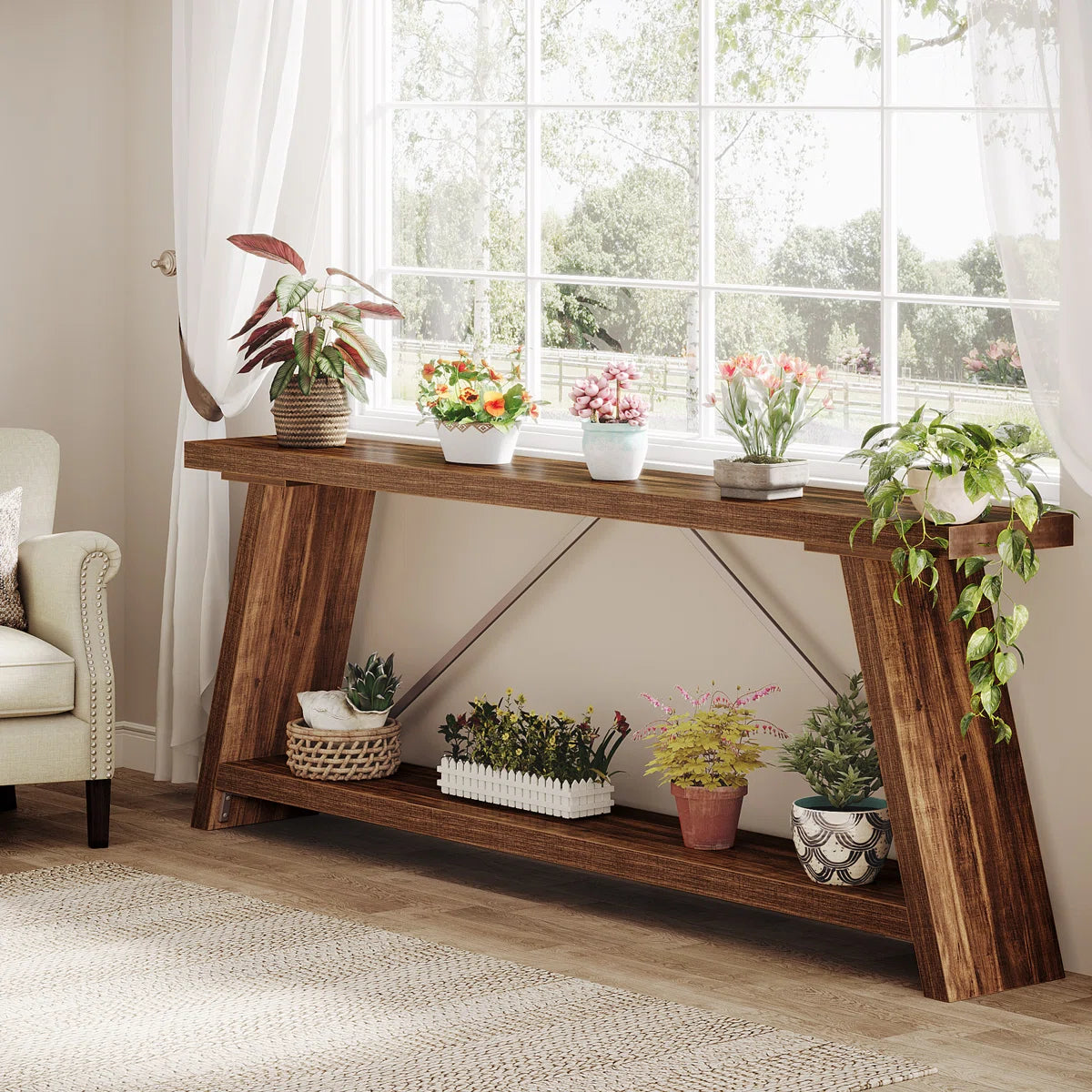Rustic Brown Console Table – Traditional Wooden Entryway Sofa Table with Shelf Storage OUCH CART