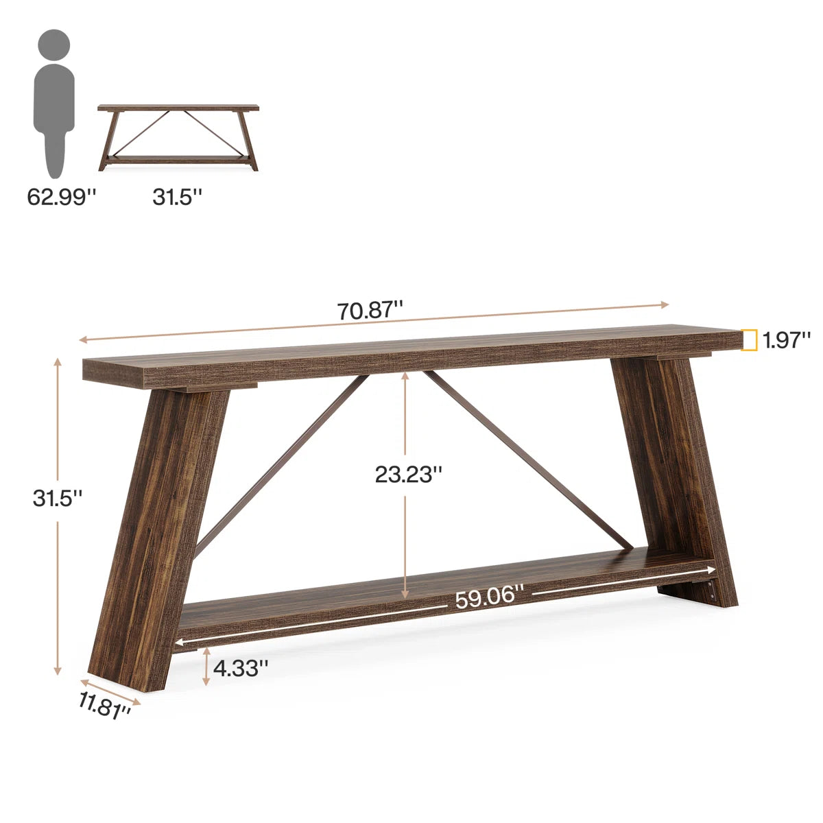Rustic Brown Console Table – Traditional Wooden Entryway Sofa Table with Shelf Storage OUCH CART