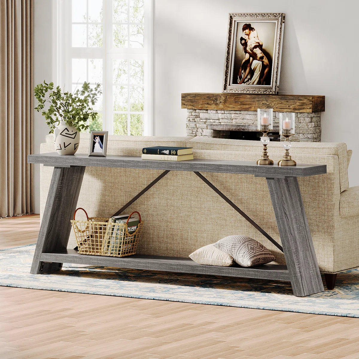 Rustic Brown Console Table – Traditional Wooden Entryway Sofa Table with Shelf Storage OUCH CART