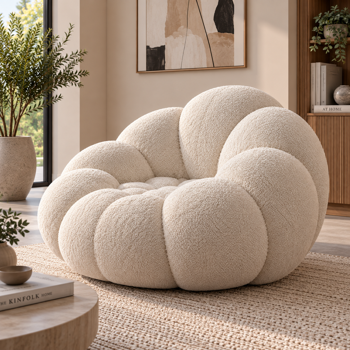 Cloud Lounge Chair for Living Room, Modern Round Boucle Accent Chair with Plush Cushioned Design, Cream Upholstered Sofa Chair for Bedroom, Reading Nook & Relaxation