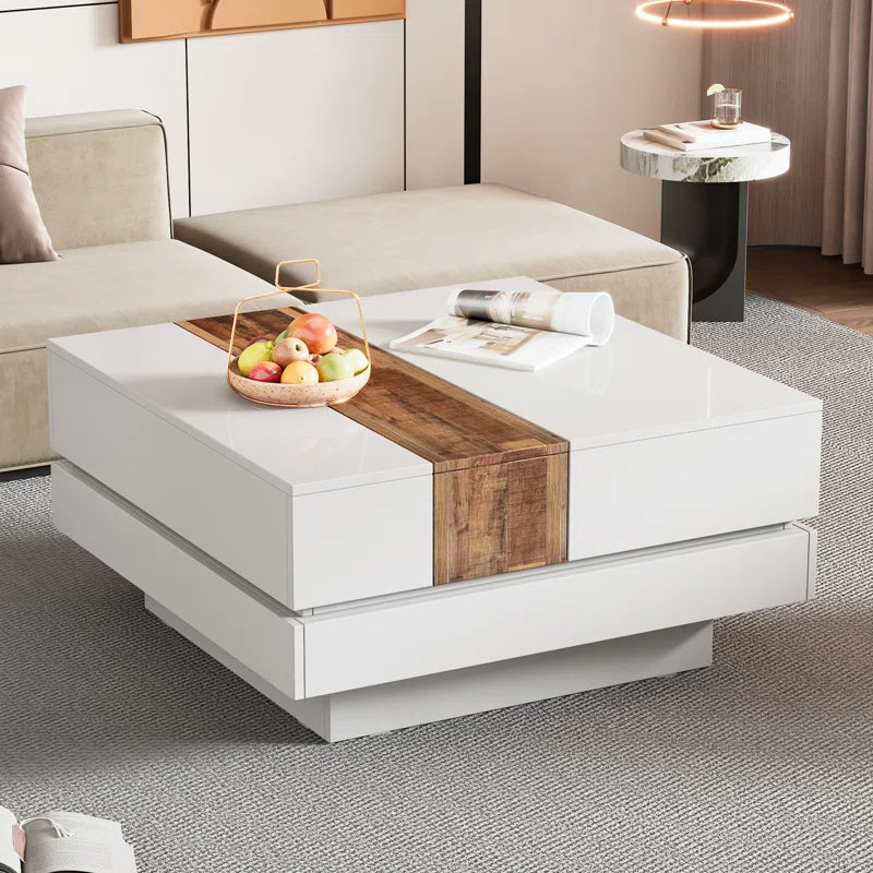 Square Coffee Table Sliding Top & Hidden Storage – Walnut High Gloss Finish
