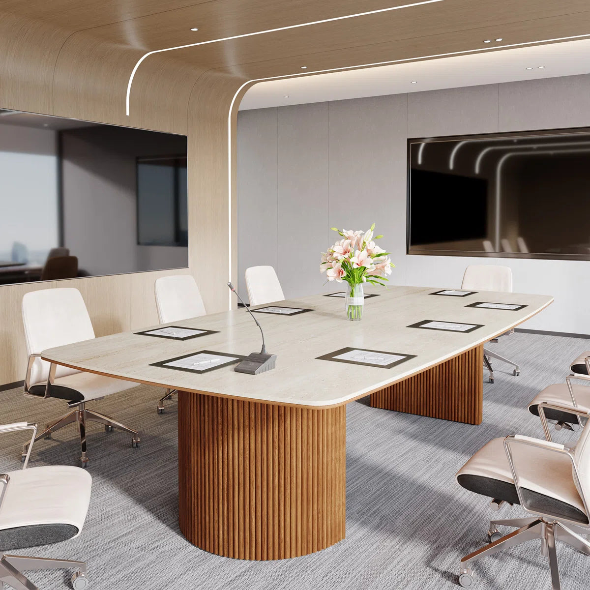 Conference Table With Unique Travertine Slab Top And Semi-Circular Stripe Base-OUCH CART | Conference table