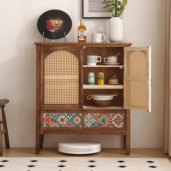 Wooden Rattan Storage Cabinet – Entryway Cabinet with Drawer and Double Woven Doors