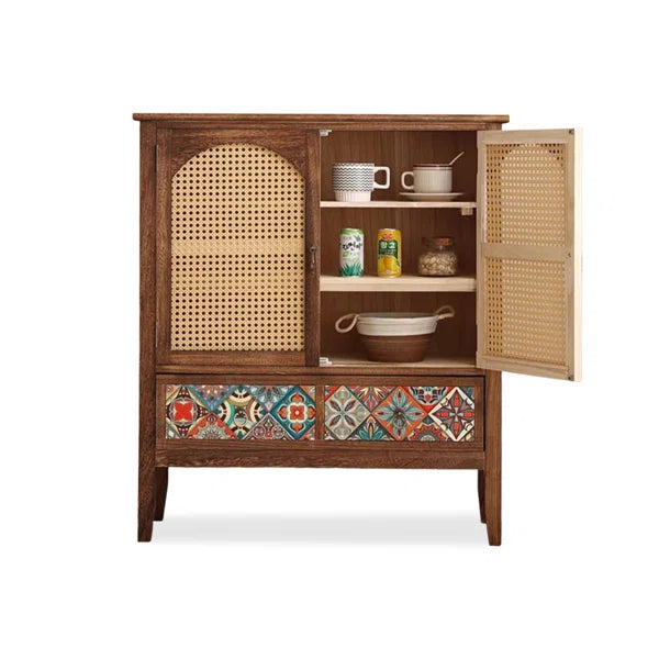Wooden Rattan Storage Cabinet – Entryway Cabinet with Drawer and Double Woven Doors Ouch Cart