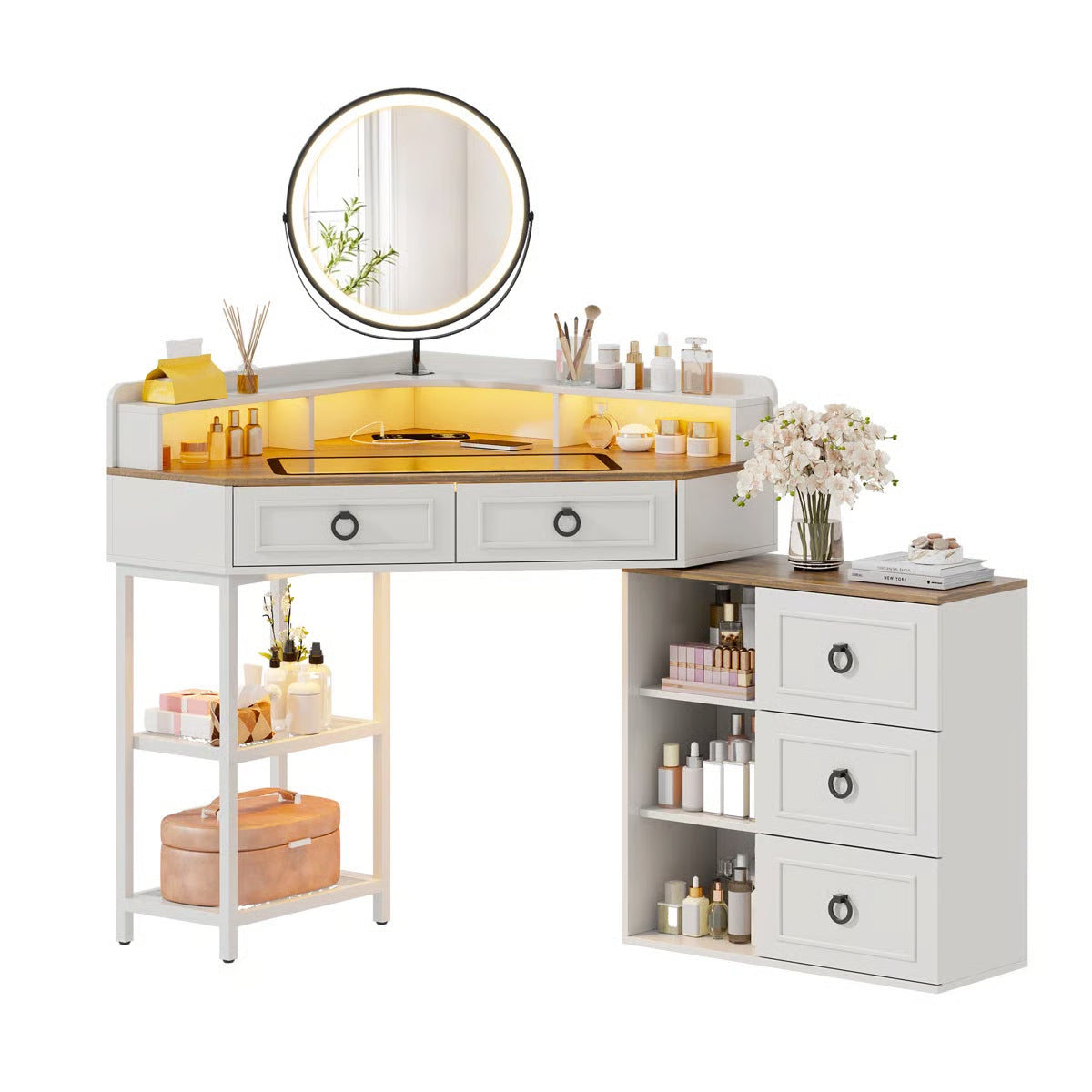 Corner Makeup Vanity Set with Mirror for Bedroom