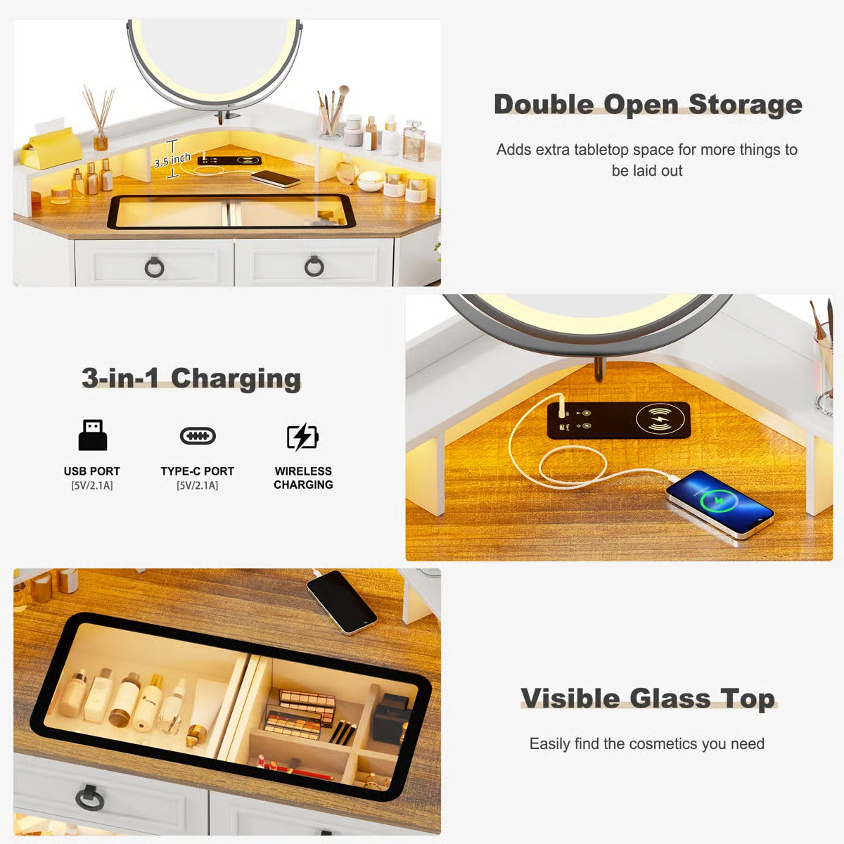 Corner Makeup Vanity Set with Mirror for Bedroom