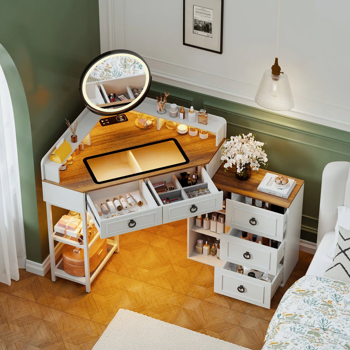 Corner Makeup Vanity Set with Mirror for Bedroom