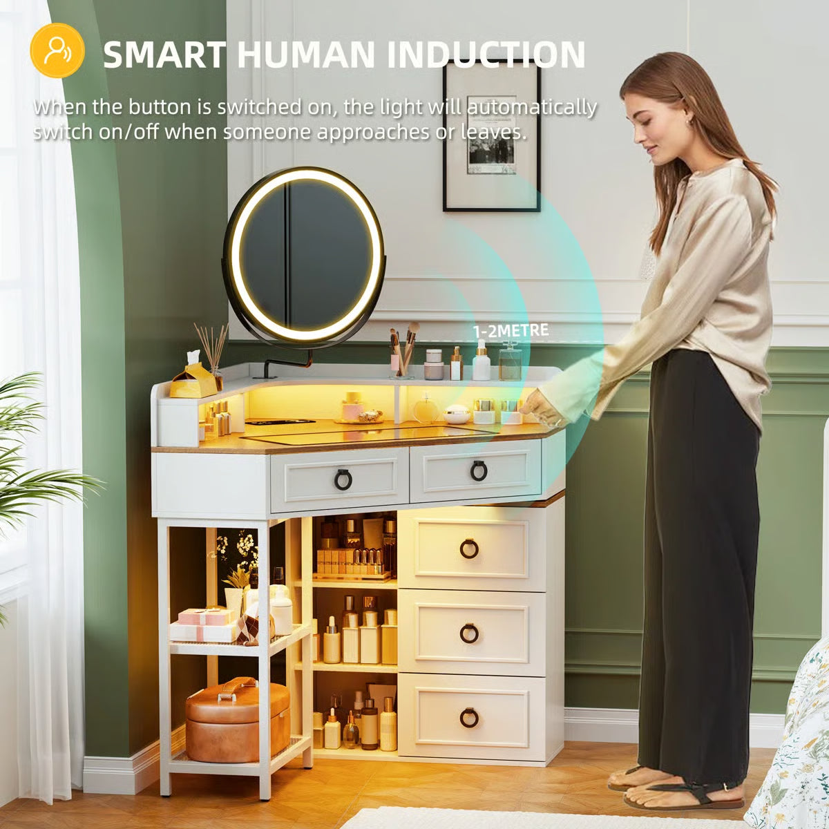 Corner Makeup Vanity Set with Mirror for Bedroom