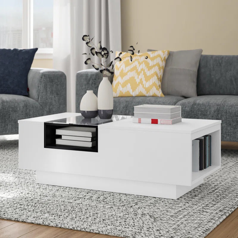 Modern Black & White Coffee Table with Glass Top and Open Shelves — free download