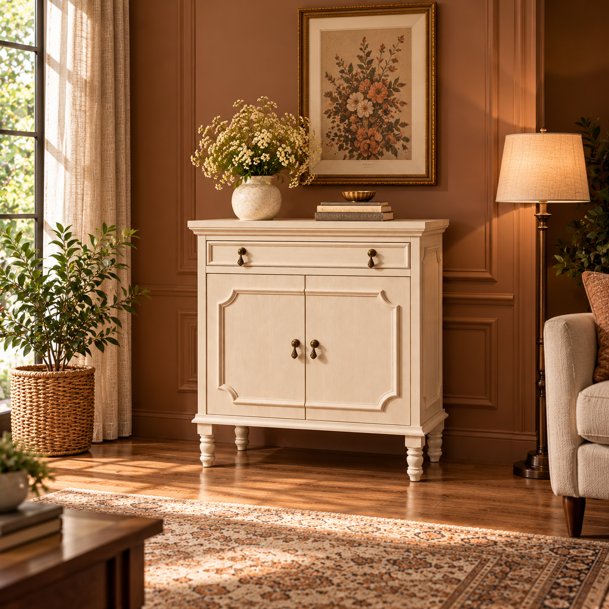 Cream Beige Wooden Sideboard Cabinet with 2 Doors & 1 Drawer Vintage French Country Storage Furniture