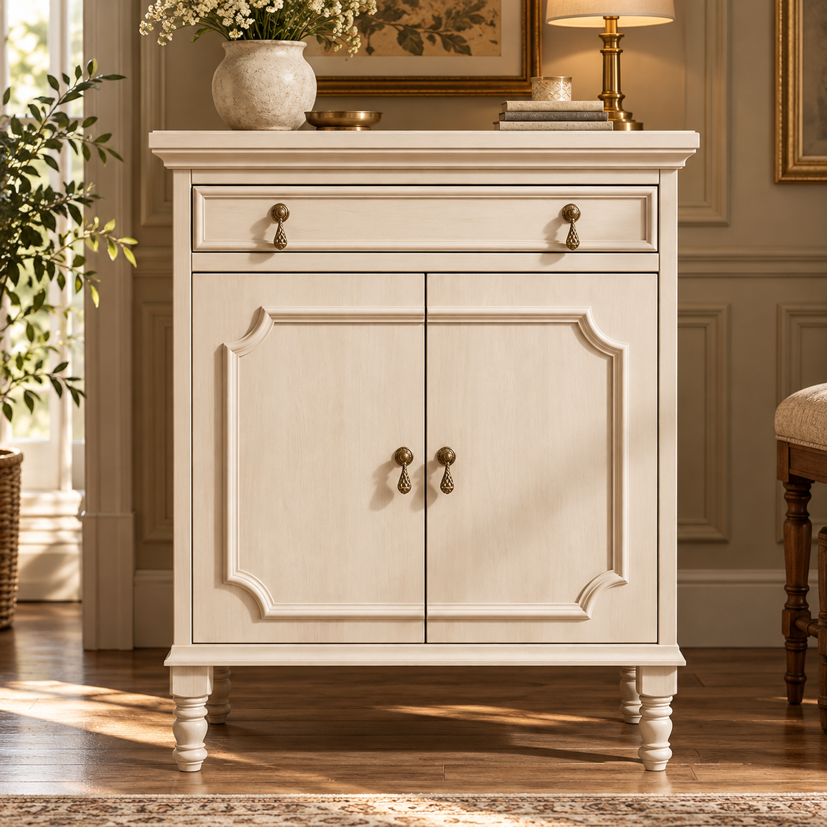Cream Beige Wooden Sideboard Cabinet with 2 Doors & 1 Drawer Vintage French Country Storage Furniture