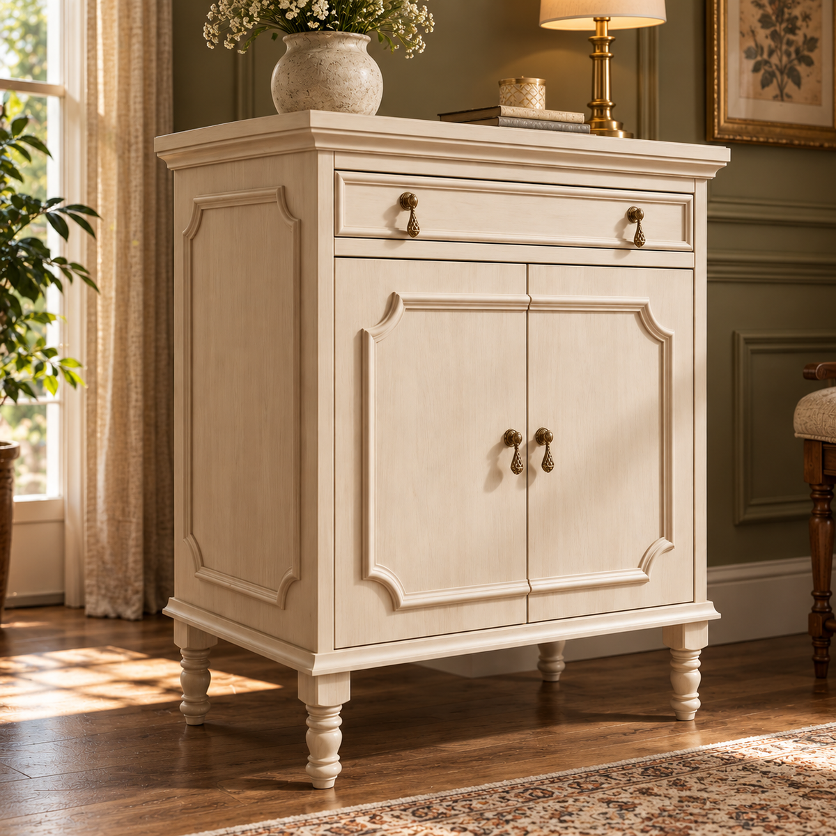 Cream Beige Wooden Sideboard Cabinet with 2 Doors & 1 Drawer Vintage French Country Storage Furniture