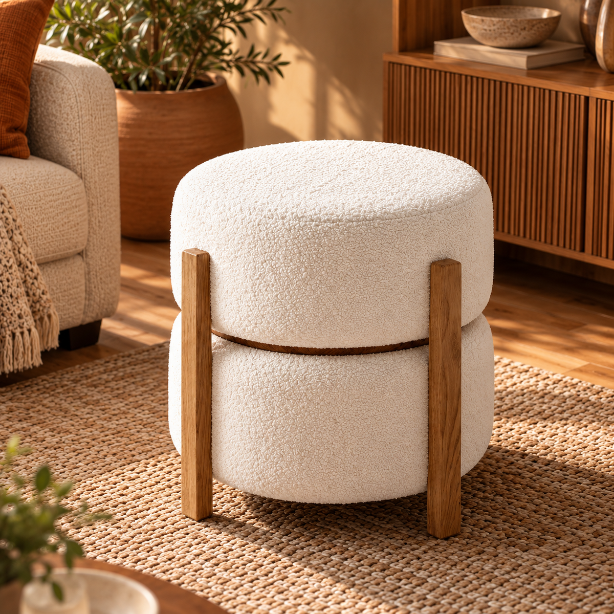 Cream Boucle Ottoman Stool with Wooden Frame, Modern Round Upholstered Pouf for Living Room, Bedroom and Dressing Area