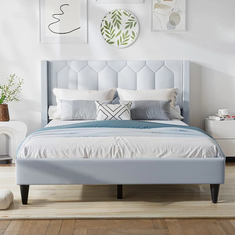 Crumbie Velvet Upholstered Platform Bed with Wingback Headboard OUCH CART