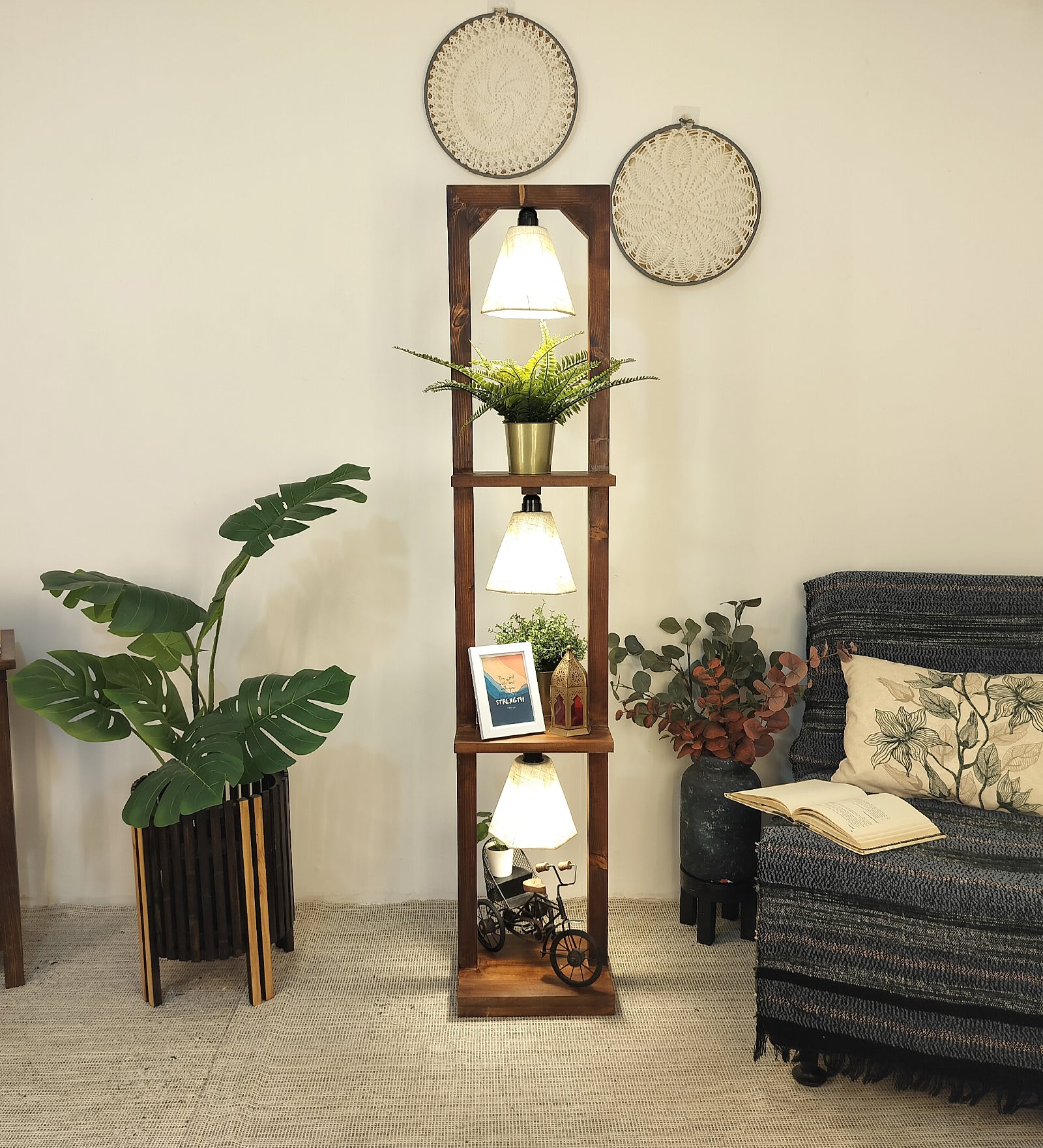Daffodil Wooden Floor Lamp with Brown Base and Jute Fabric Lampshade (BULB NOT INCLUDED)