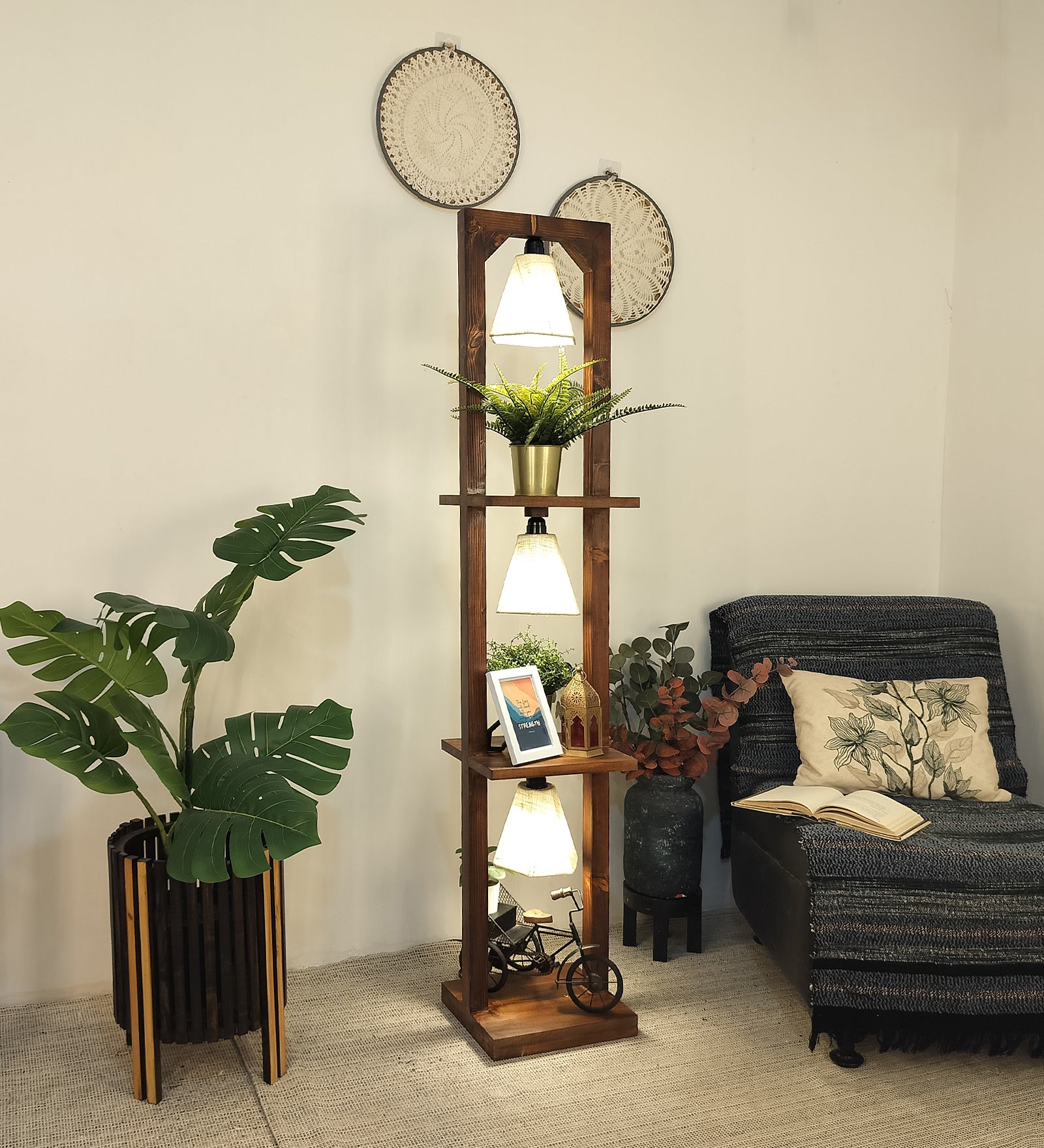 Daffodil Wooden Floor Lamp with Brown Base and Jute Fabric Lampshade (BULB NOT INCLUDED)