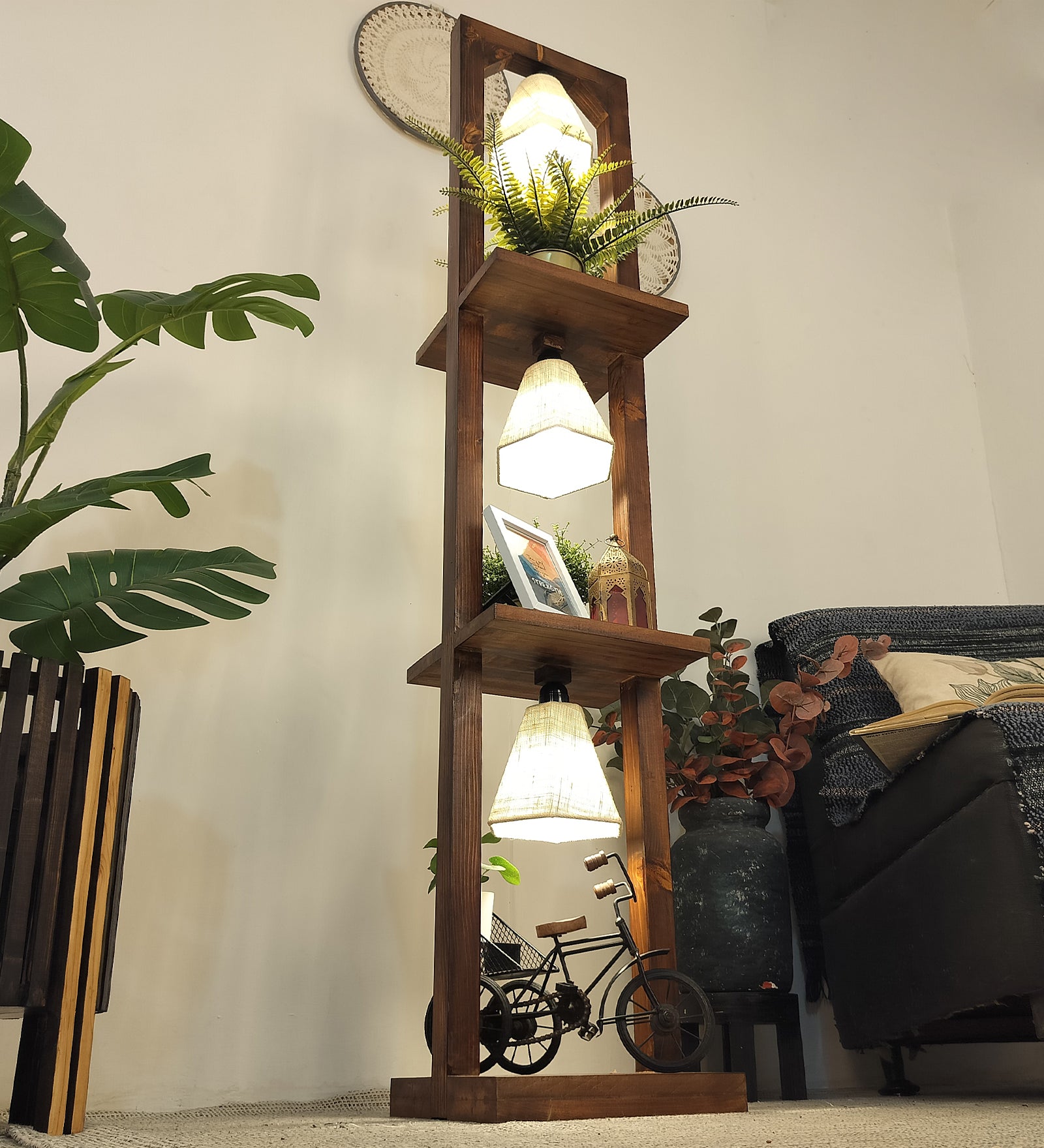 Daffodil Wooden Floor Lamp with Brown Base and Jute Fabric Lampshade (BULB NOT INCLUDED)