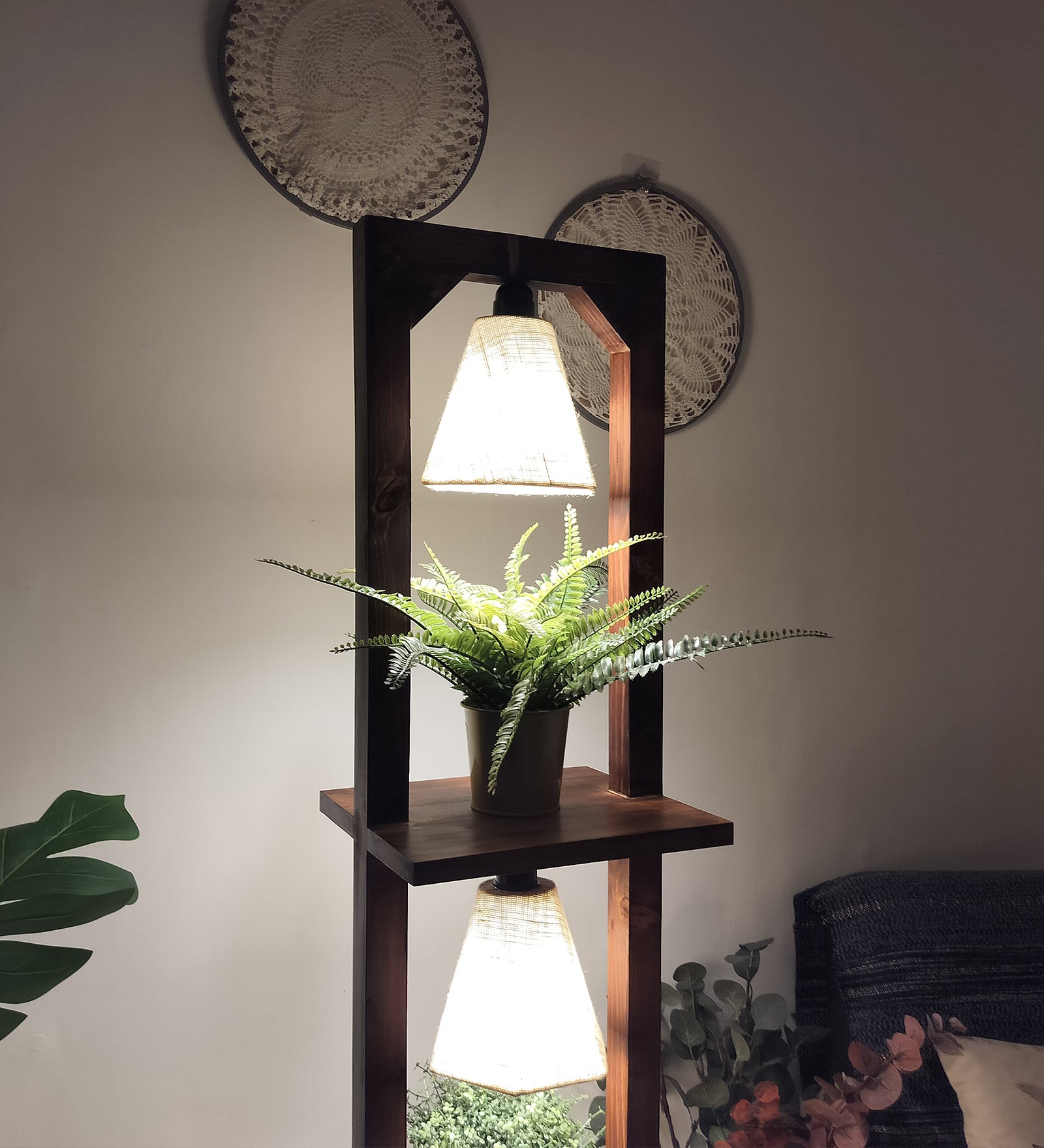 Daffodil Wooden Floor Lamp with Brown Base and Jute Fabric Lampshade (BULB NOT INCLUDED)