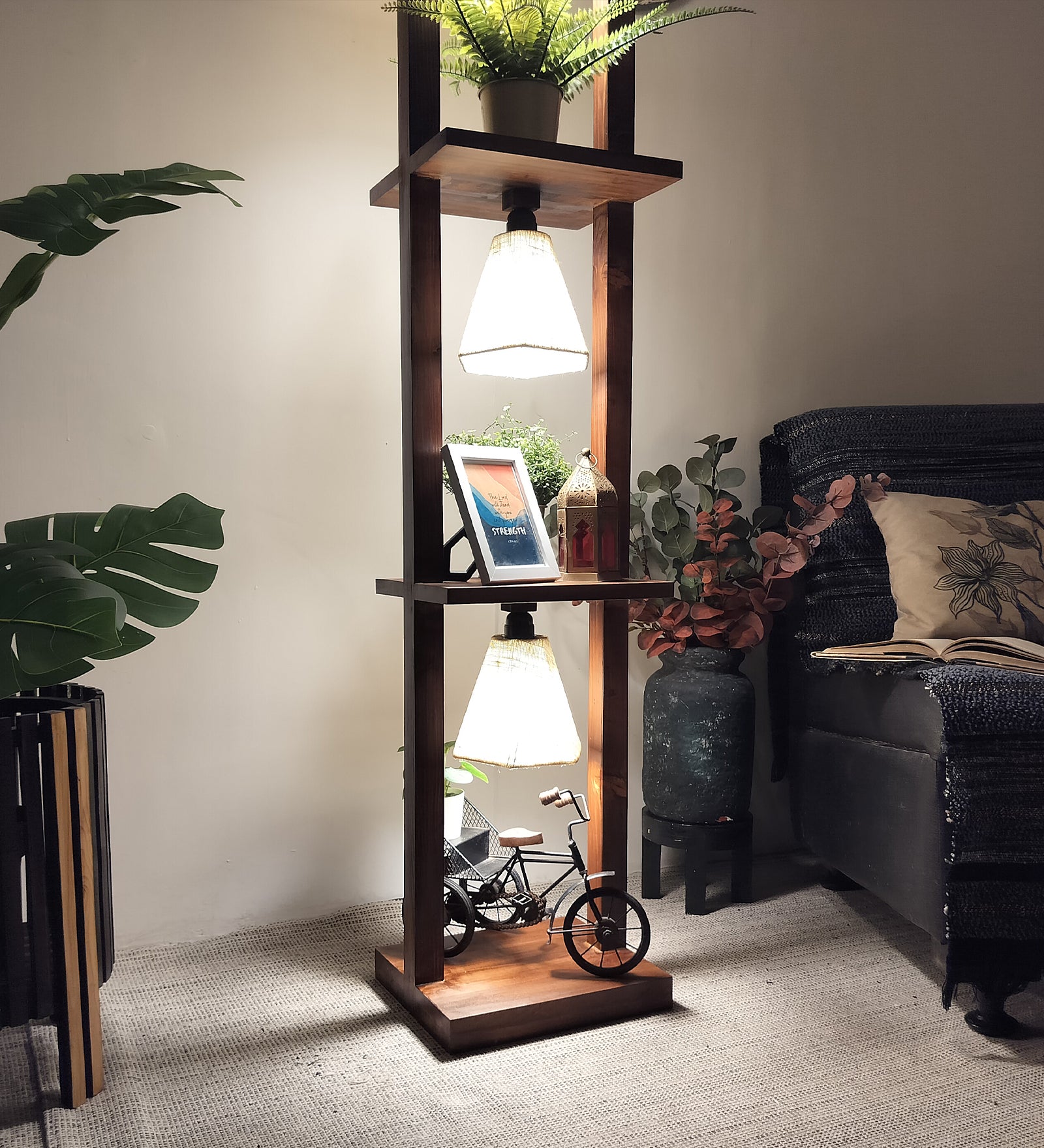 Daffodil Wooden Floor Lamp with Brown Base and Jute Fabric Lampshade (BULB NOT INCLUDED)