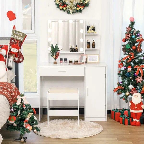 Dylan Vanity dressing table with storage Life Vanity Desk Set with Mirror and Lights | White Makeup Dressing Table with one Drawer & one Cabinet | Lighting Adjustable Brightness | Suitable for Bedroom/Bathroom | Wooden - Ouch Cart