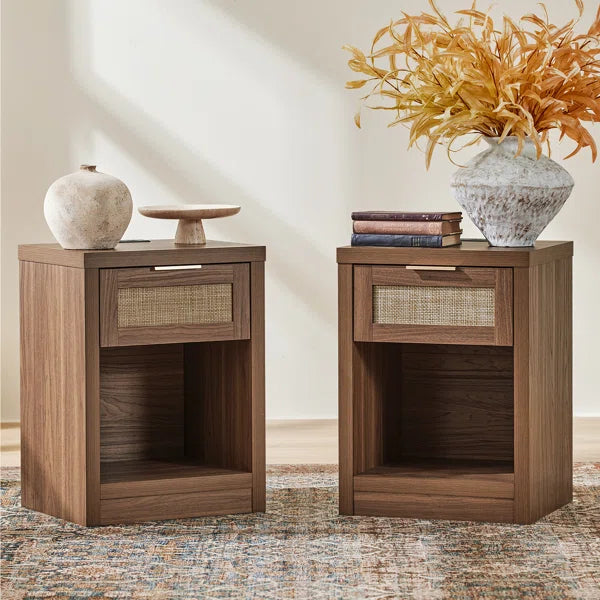 Bohemian Rattan Bedside Tables Set of 2 – Wooden Nightstands with Drawer, Shelf & Charging Station OUCH CART