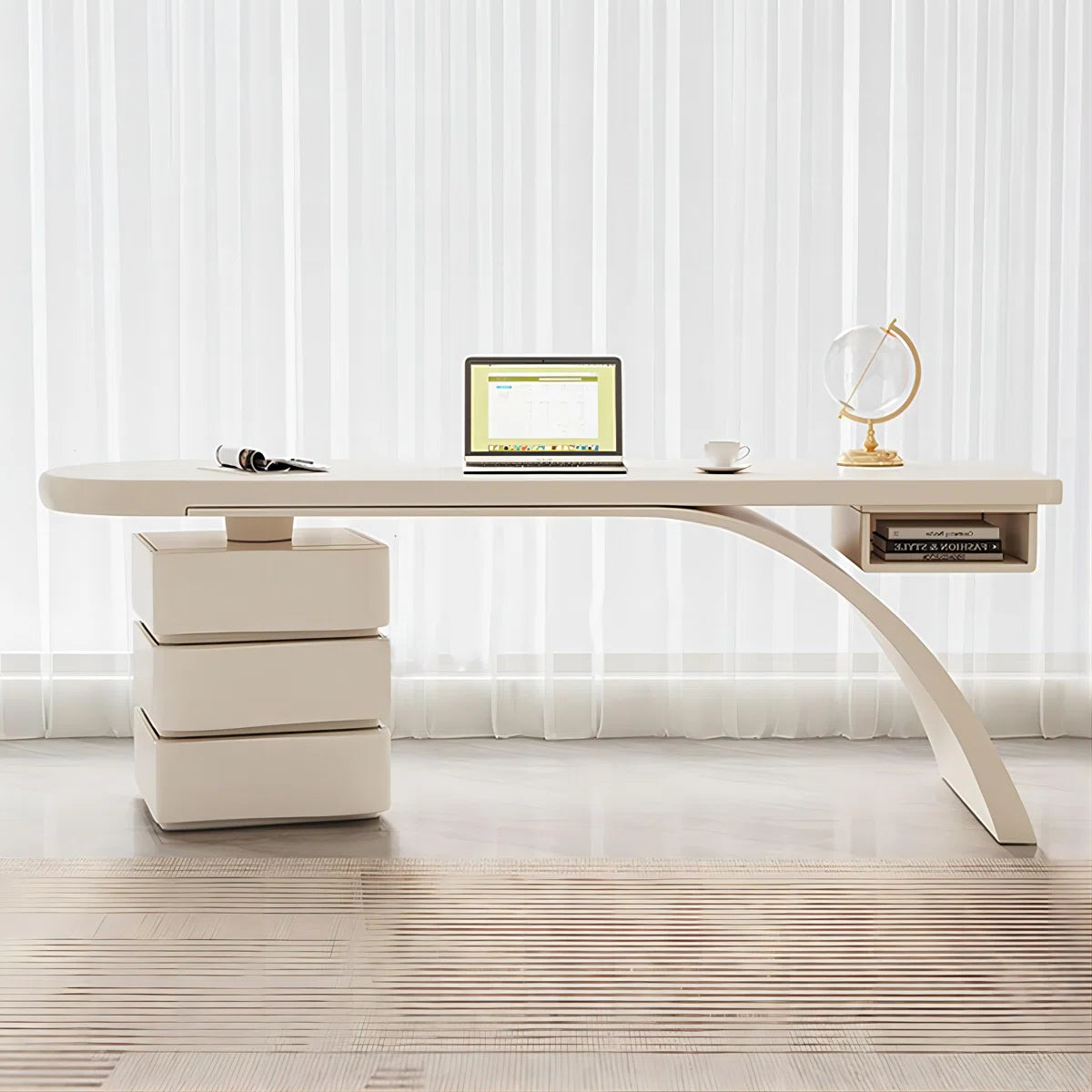 Modern Cream Writing Desk with Drawer & Shelf, Glossy Piano Lacquer Finish and Spacious Storage OUCH CART