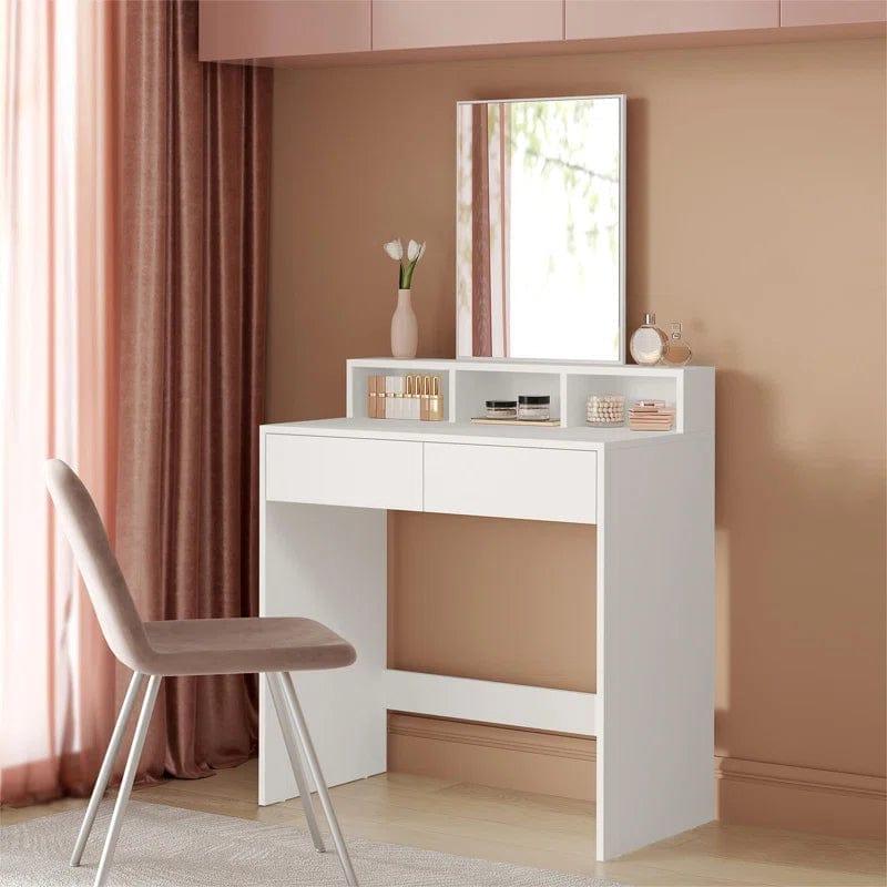 Makeup Vanity with Large Mirror, Vanity Desk with 2 Drawers Vanity Set Dressing Table for Women Girls (White) - Ouch Cart