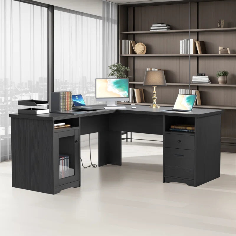 60'' L-Shaped Executive Desk with Drawer and Power Outlet Ouch Cart
