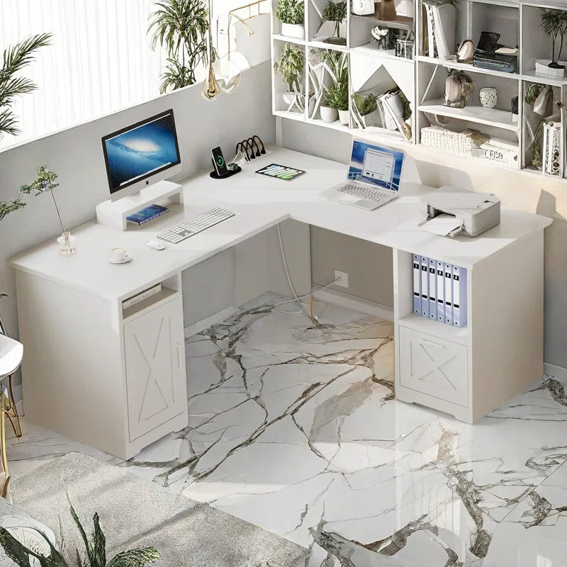 59" L Shaped Desk with Power Outlets & File Drawer Ouch Cart