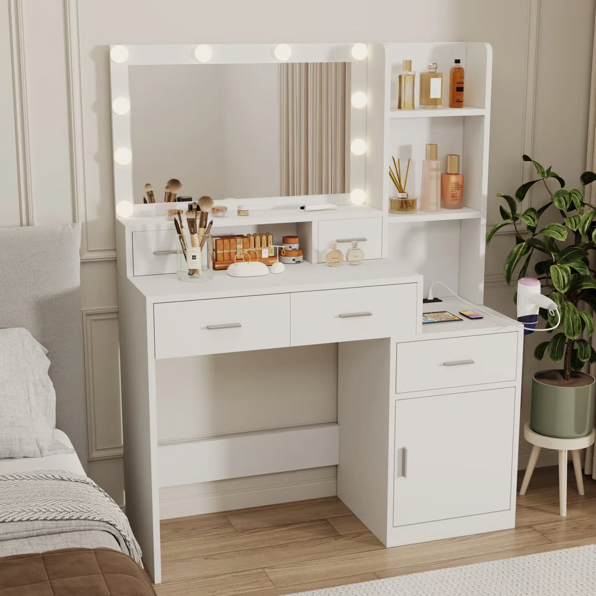 Bedroom Vanity Desk with Adjustable Mirror, 4 Drawers, 1 Cabinet & Storage Shelves-OUCH CART |Dressing table