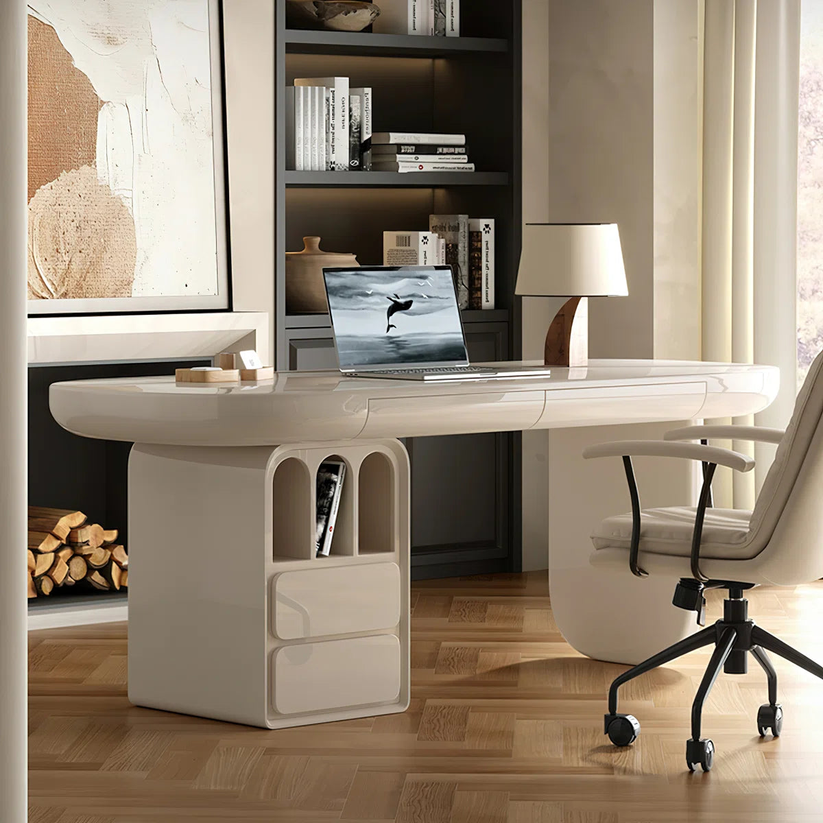 Modern Executive Desk with Reversible Storage Cabinet & Drawer | Off-White Home Office Computer Table