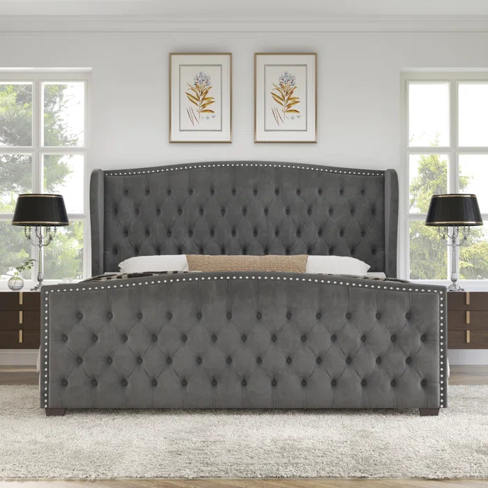 Deep Button Tufted Upholstered Bed with Nailhead Trim Wingback Headboard OUCH CART