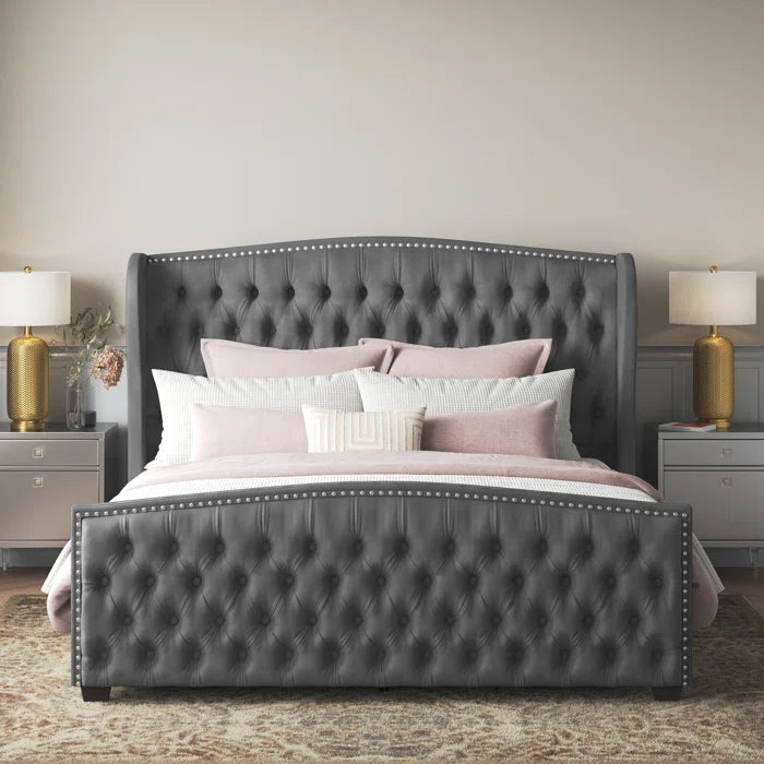 Deep Button Tufted Upholstered Bed with Nailhead Trim Wingback Headboard OUCH CART