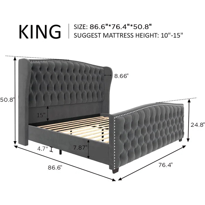 Deep Button Tufted Upholstered Bed with Nailhead Trim Wingback Headboard OUCH CART