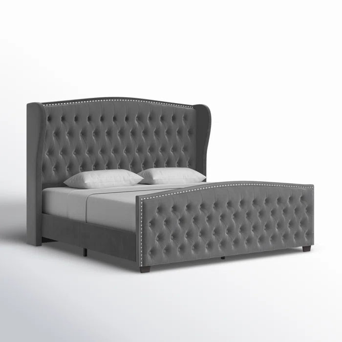 Deep Button Tufted Upholstered Bed with Nailhead Trim Wingback Headboard
