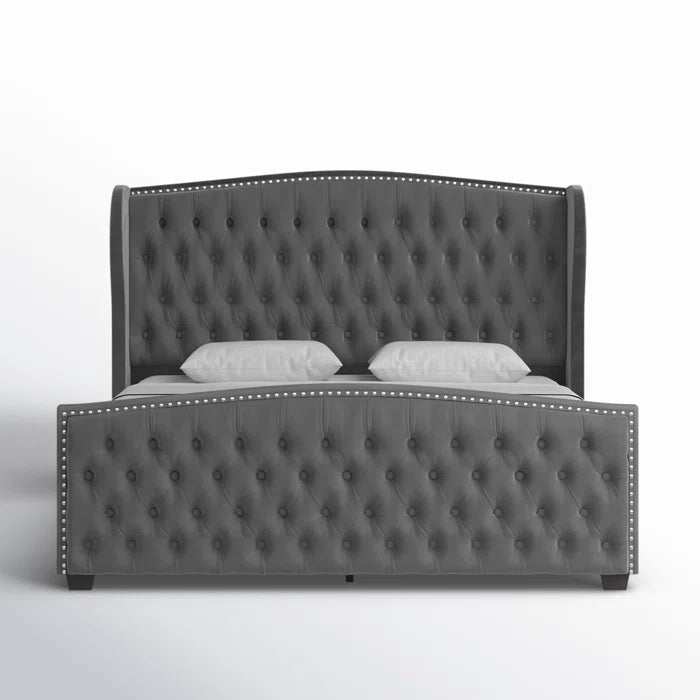 Deep Button Tufted Upholstered Bed with Nailhead Trim Wingback Headboard OUCH CART