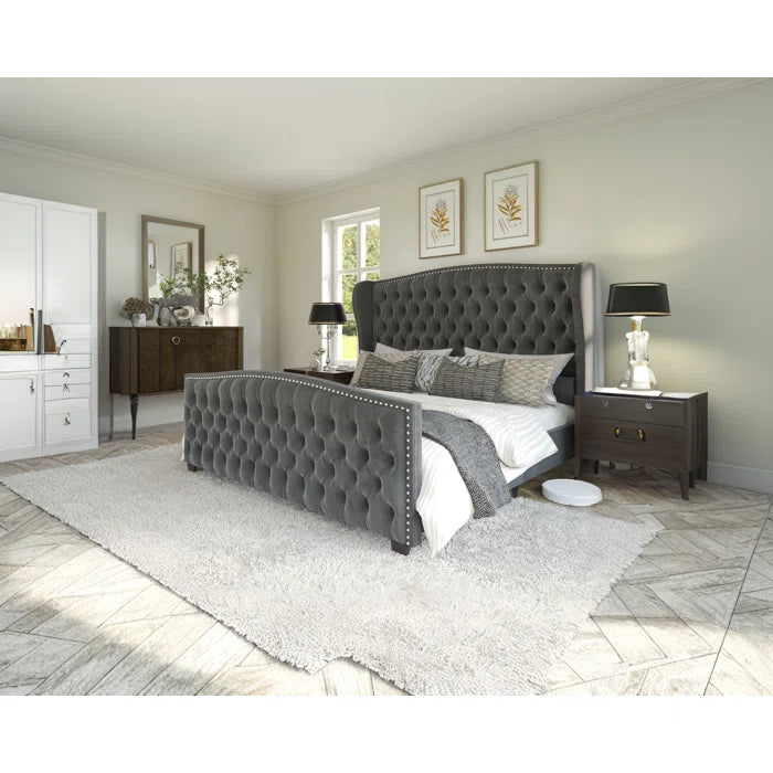 Deep Button Tufted Upholstered Bed with Nailhead Trim Wingback Headboard OUCH CART