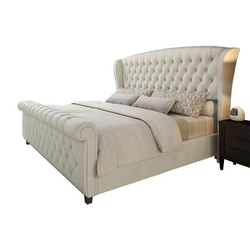 Dulane Chenille / Velvet Upholstered Sleigh Bed with Scroll Wingback Headboard OUCH CART