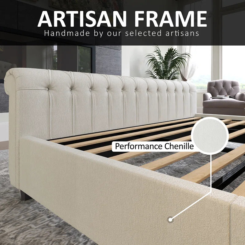 Dulane Chenille / Velvet Upholstered Sleigh Bed with Scroll Wingback Headboard OUCH CART