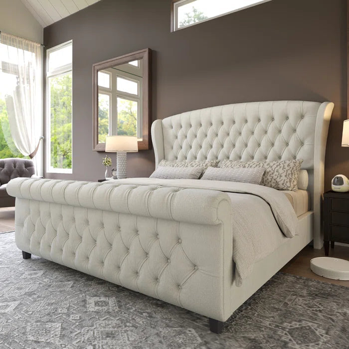 Velvet Sleigh Bed with Scroll Wingback Headboard – A Luxurious Touch for Your Bedroom OUCH CART