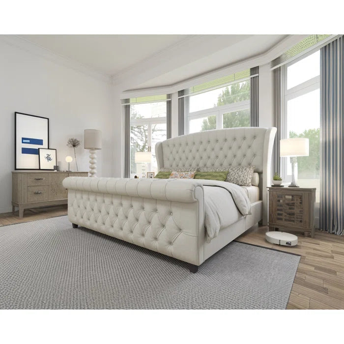 Velvet Sleigh Bed with Scroll Wingback Headboard – A Luxurious Touch for Your Bedroom OUCH CART