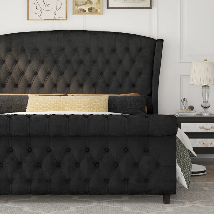 Velvet Sleigh Bed with Scroll Wingback Headboard – A Luxurious Touch for Your Bedroom OUCH CART
